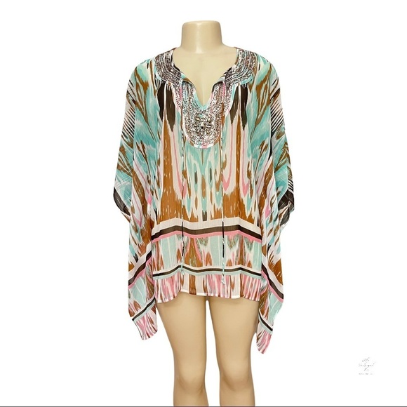 Anthropologie Beach Boho Hippie Embellished V-Neck Turquoise Tie Dye kimono - Picture 1 of 13